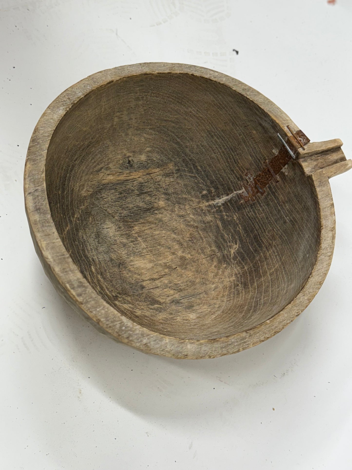 Wooden Milking Bowl with Metal Repairs