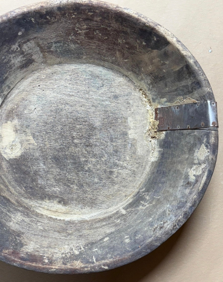 Vintage Wooden Bowl with Metal Accents