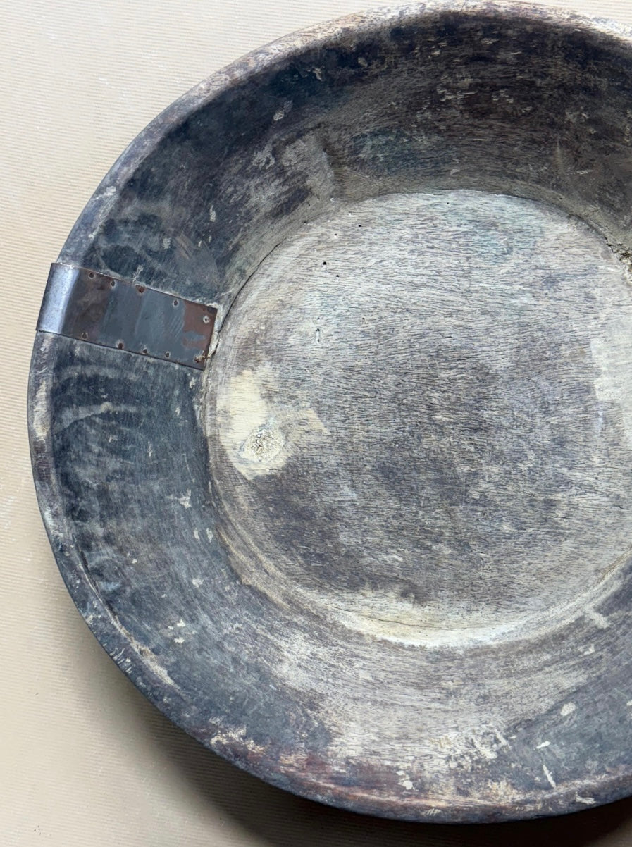 Vintage Wooden Bowl with Metal Accents