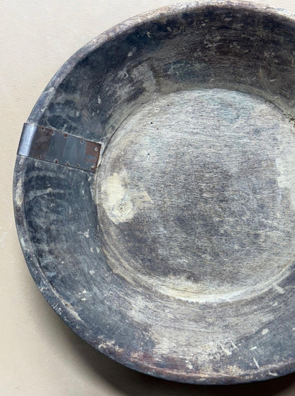Vintage Wooden Bowl with Metal Accents