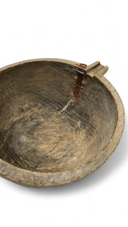 Wooden Milking Bowl with Metal Repairs