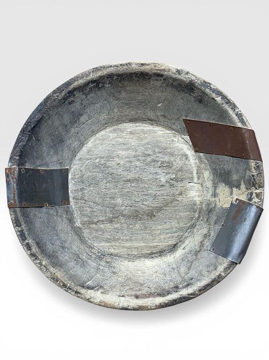 Vintage Wooden Bowl with Metal Accents